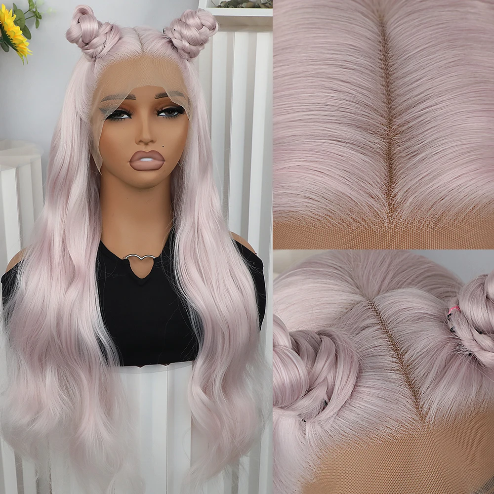 Apolaurel Light Pink Body Wave Synthetic Lace Front Wigs Long Hair Wigs for Women Pink Loose Curly Wig Free Part Natural Hair