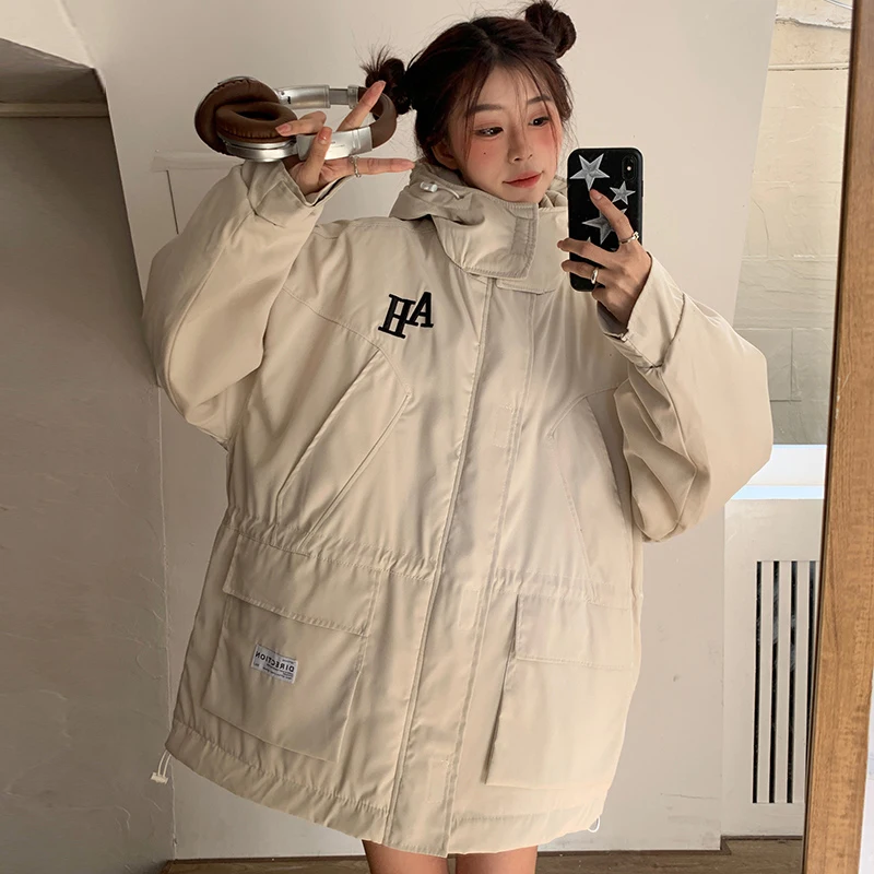 

Korean Style Women Fashion Loose Casual Hooded Cargo Jacket Windbreaker Coat Harajuku Streetwear Female Coat Couple Outerwear