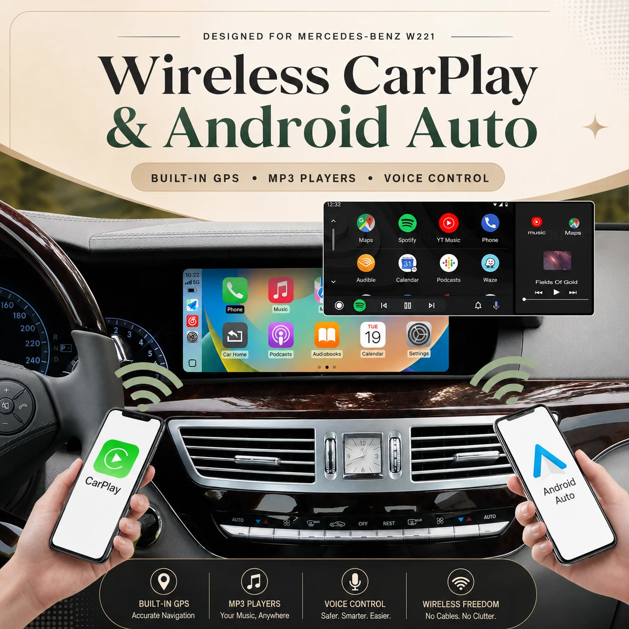 CarPlay inalámbrico y Android Auto para Mercedes Benz Clase S W221 NTG3.0/3.5 BT Pantalla táctil multimedia de 10.25 pulgadas 7