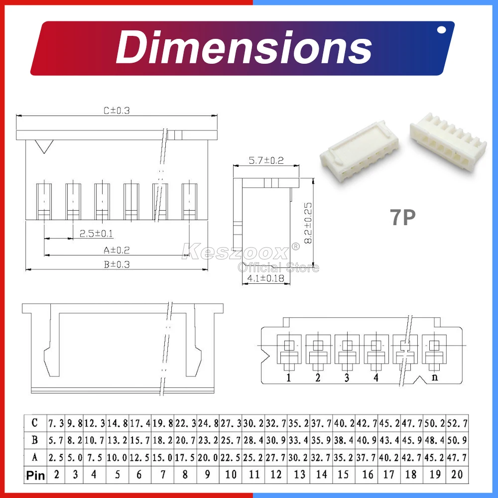 JST XH 2.54mm Pitch XHP-7 7Pin Connector Housing with 10cm
