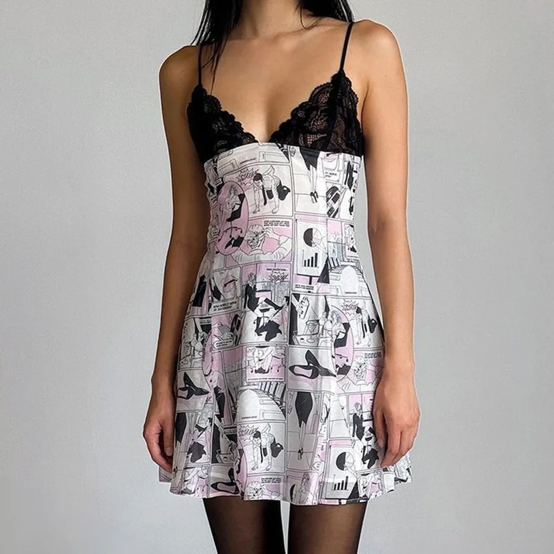 Lace Printed Fashion Halter Dresses Women's Sexy V-Neck Backless Contrast Spaghetti Night Club Clothes Female Mini Dress