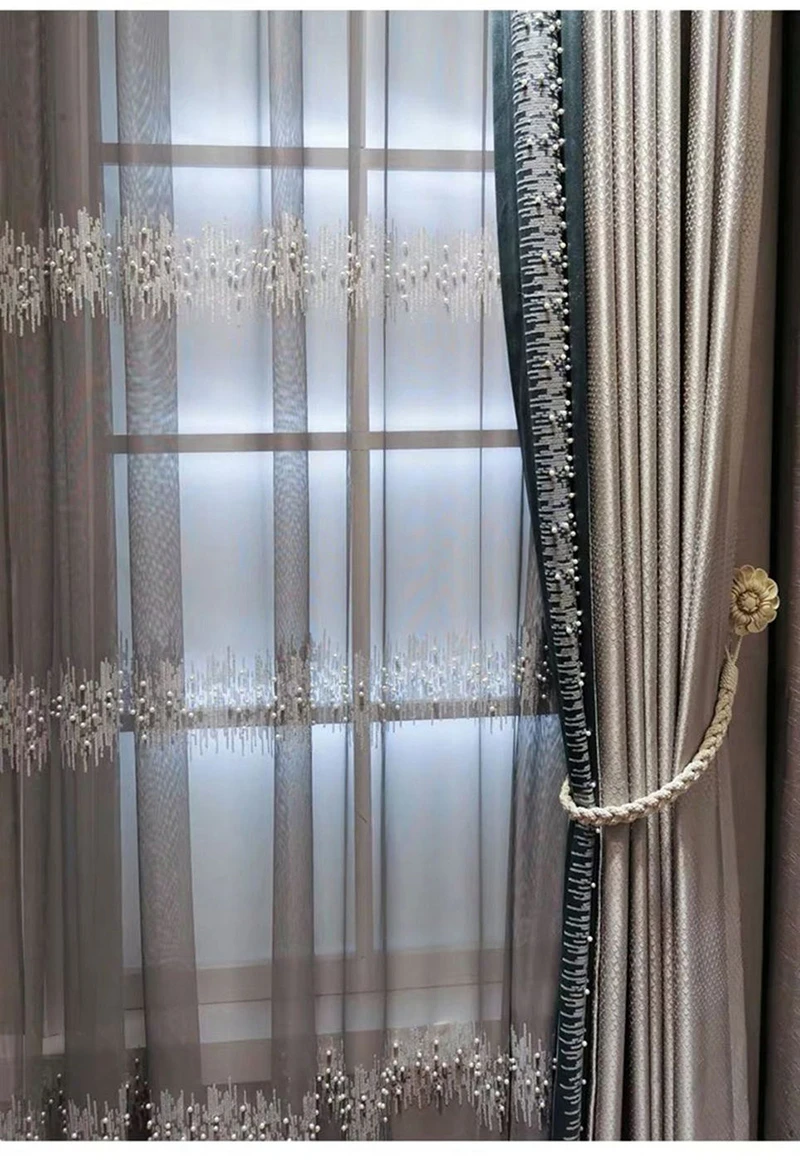 French White Pearls Embroidery Sequins Tulle Curtains For Living Room Cotton Linen Blackout Curtains Bedroom Customized Rideaux