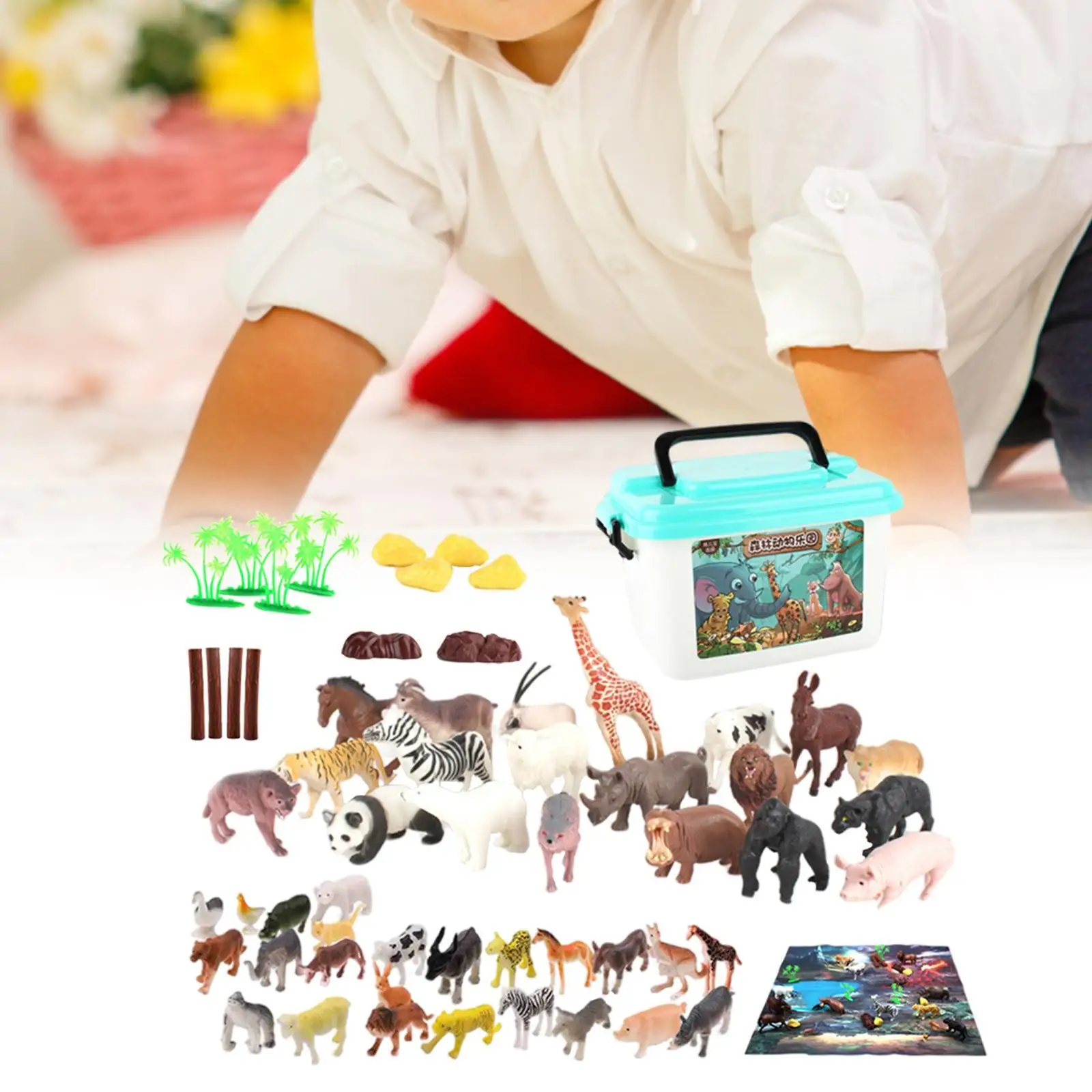 58x Animal Figurines Toy Wildlife Playset Learning Forest for Party Children Storage Box and map