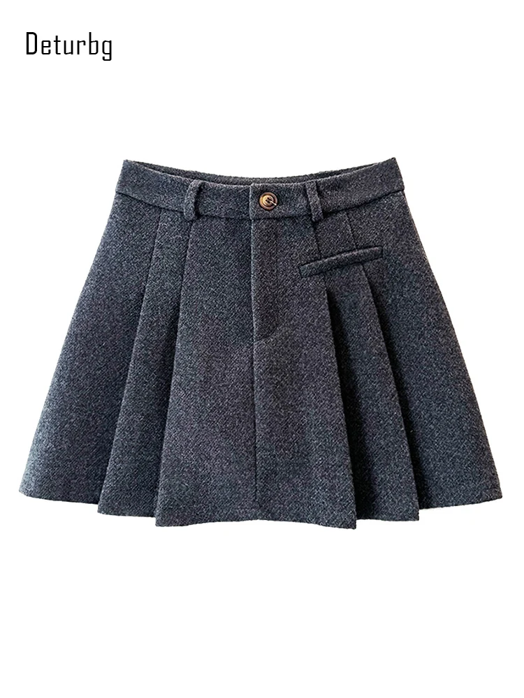 

Women's Fashion Thickened Woolen Short Skirt Korean Fashion High Waist False Pocket Pleated Warm Mini Skirts 2023 Winter K397