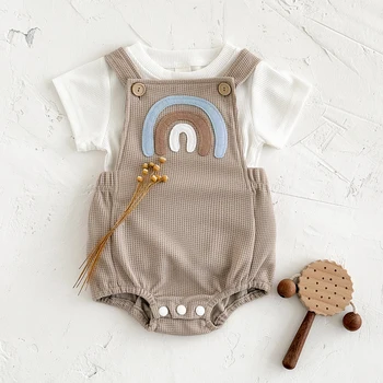 Summer New Baby Boy Girl Clothes Sweet Cute Rainbow Patch Strap Romper+T-shirt Bodysuit Infant Baby Suspenders Jumpsuit 2Pcs/Set