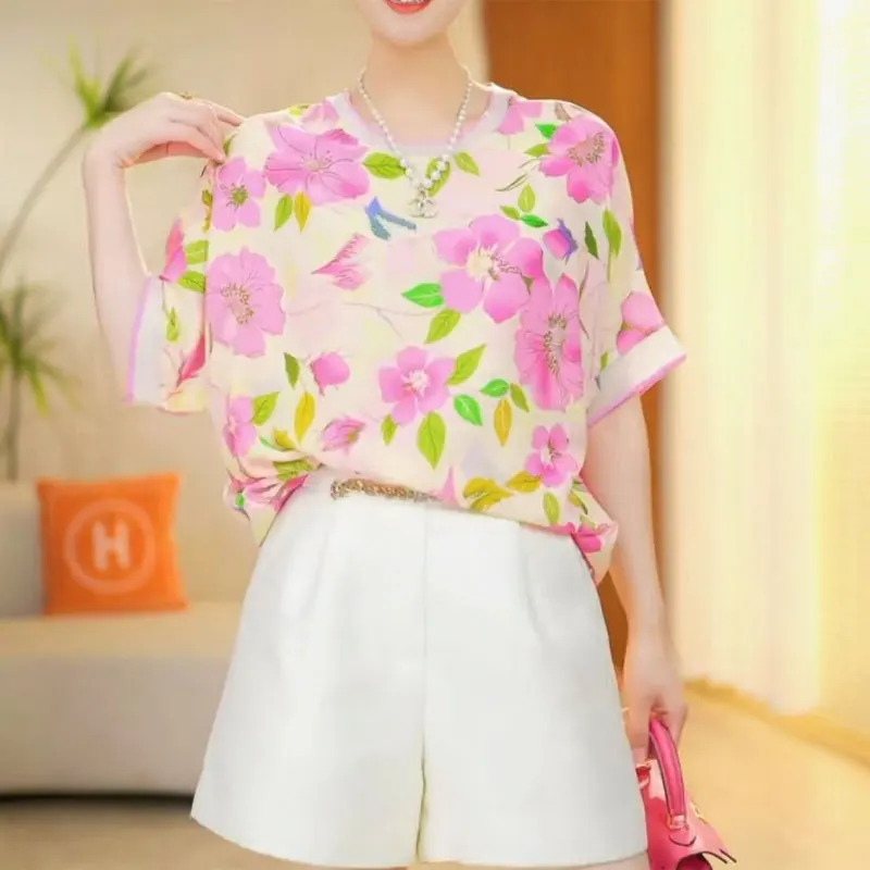 Fashion Spliced Round Neck Shirt 2024 Summer New Commute Female Clothing Casual Loose Broken Flowers Vintage Short Sleeve Blouse