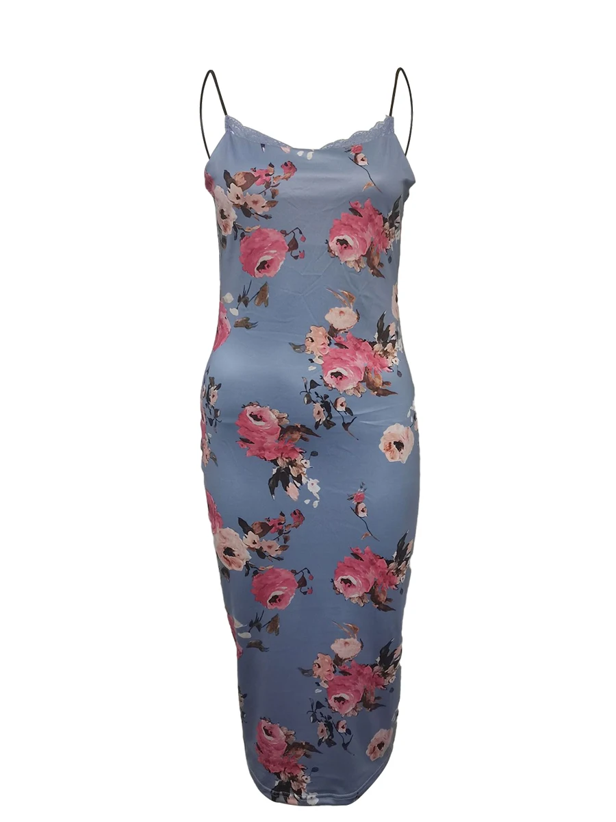

Women's Summer Lace Trim Slip Dress Vintage Casual Flower Geometric Print Spaghetti Strap Dress Sleeveless Slim Fit Midi Dress