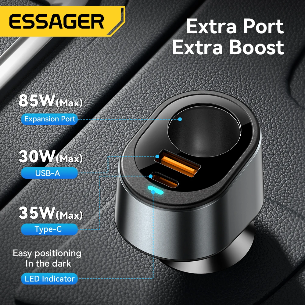 Essager 120W USB C Car Charger with 85W Car Cigarette Lighter Port Car Charger Adapter for Xiaomi iPhone 16 15 14 MacBook Laptop