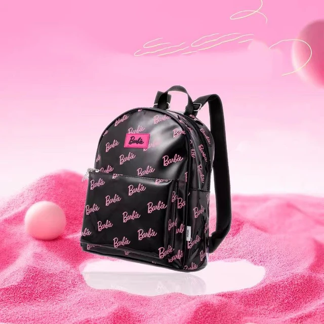 2023 Miniso Barbie Backpack PCV Girls Fashion Black Pink Letter