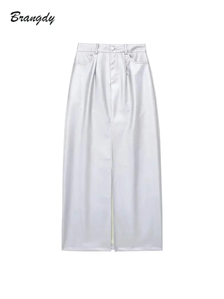 

TRAF 2023 Autumn Y2K Midi Skirt Silver Faux Leather PU High Waist Long Skirt Front Slit Package Zipper Maxi Skirt Street Punk