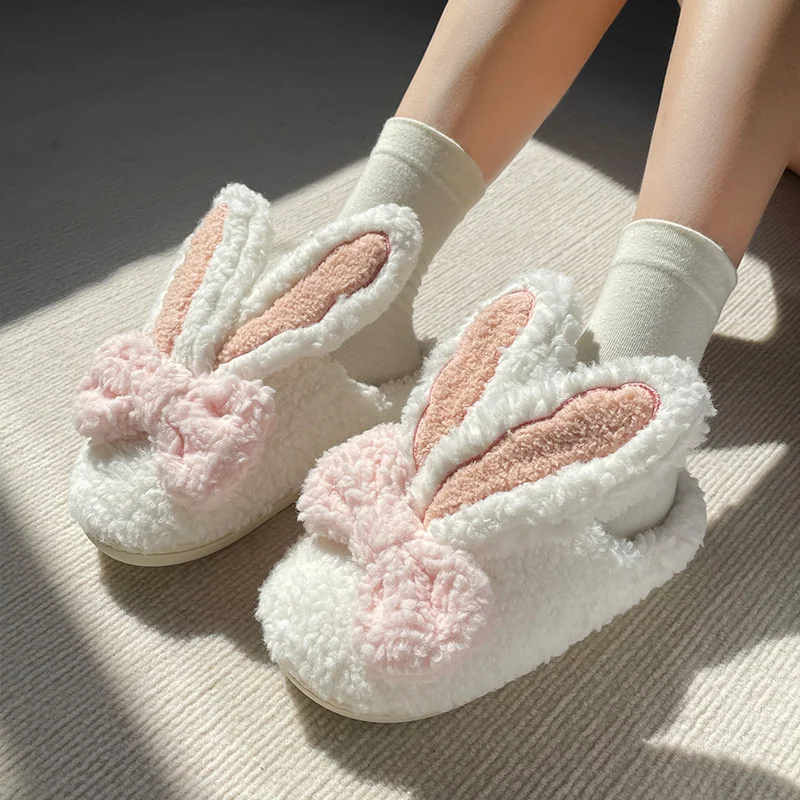 

Big Ear Rabbit Cotton Home Slippers For Women 2023 Winter Cute Cartoon Girl Heart Home Warm Plush Slippers Female
