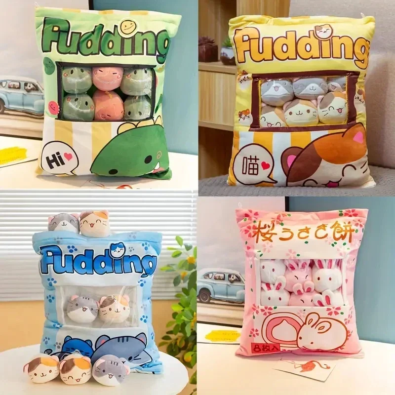 Cute Cat Rabbit Snack Pillow Pudding Decorative, Stuffed with Mini Animal Cat Dolls Pudding Plush Toy Kawaii Plush Pillow Gifts