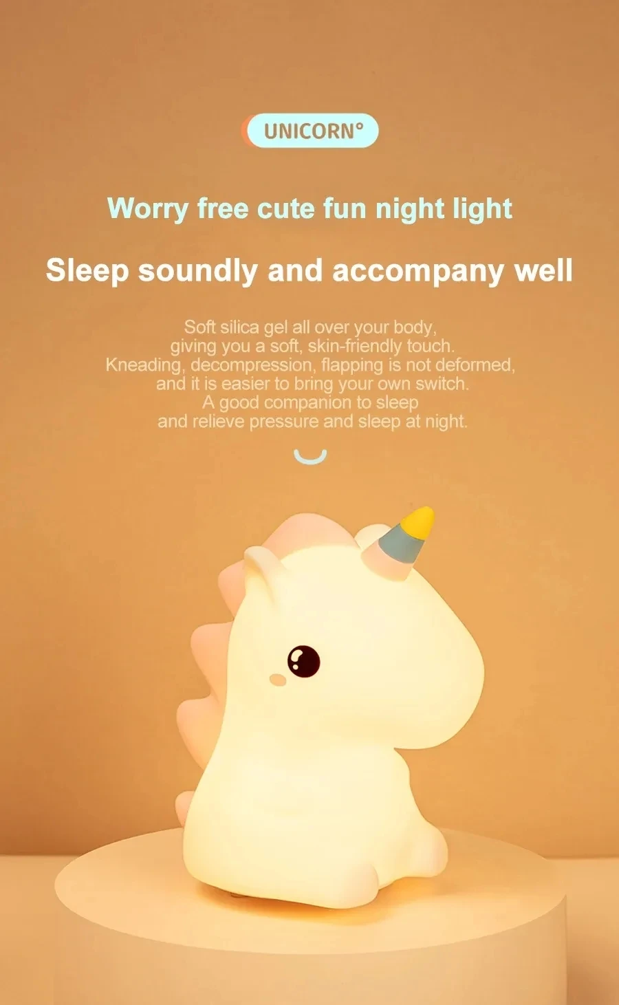 Unicorn Cute Silicone Led Night Light For Kids Children Usb Rechargeable Lamp