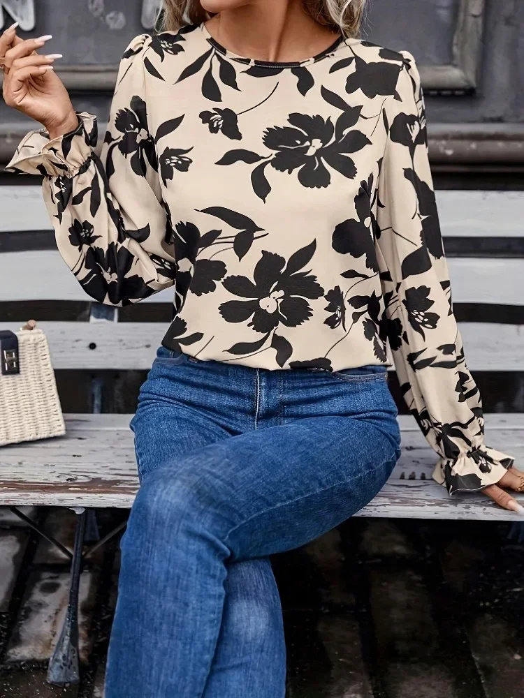 2025 New Autumn Women's Printed Petal Sleeve Long Sleeve Shirt Fashion Elegant Back Strap Bow Crew Neck Straight Casual Blouse