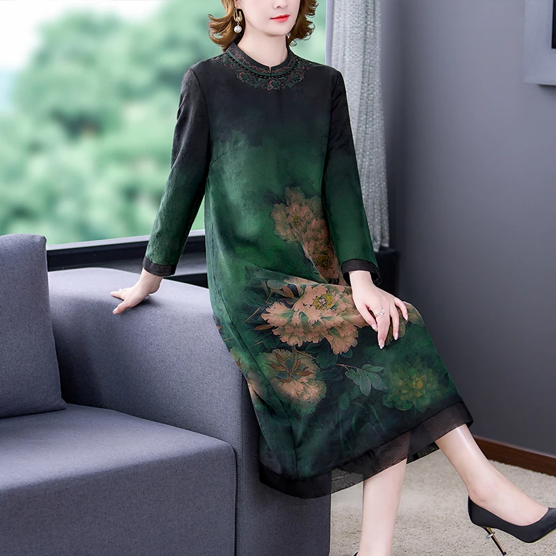 

Spring and Summer 2023 New Women's High Quality Temperament Chinese Style Silk Cheongsam Print Waist Slimming Mid-Length Dress