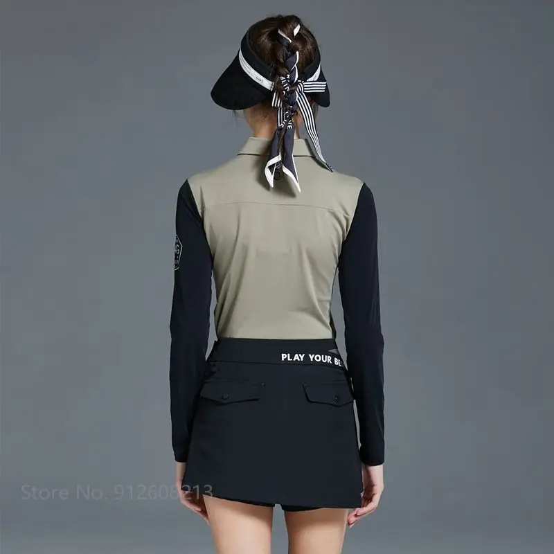 Love Golf Women Long Sleeve Sunscreen Golf Shirt Printed High Waist Skirt Ice Silk Patchwork Tops Ladies A-line Short Skort,women golf polo shirt