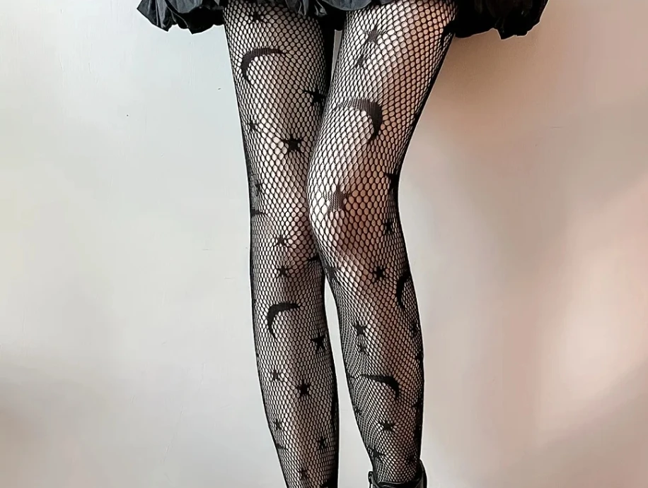 Kawaii Gothic Aushöhlen Strumpfhosen Mond & Stern Muster Fishnet Taille Mesh Strumpfhosen Frauen Spicy Girl Sexy Dünne Ins Flut Spitze strumpfhosen – Detail 1
