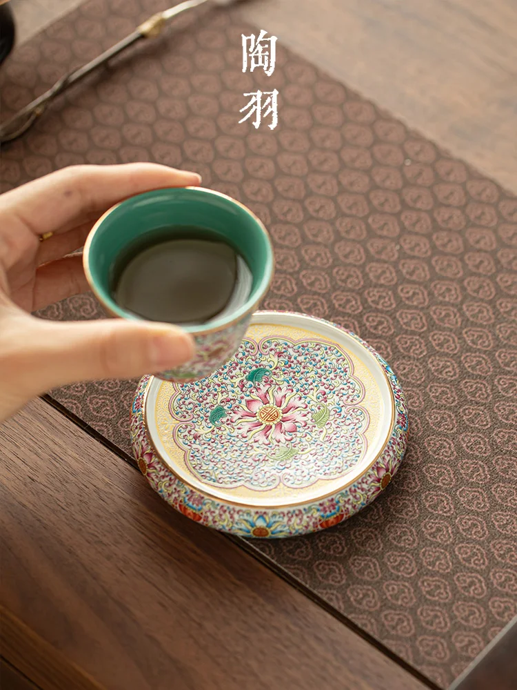 우아하고 심플한 세라믹 차 받침대, 선(禪) 분위기의 에나멜 차 트레이, 원형 레트로 스타일 차 도구(차 예)