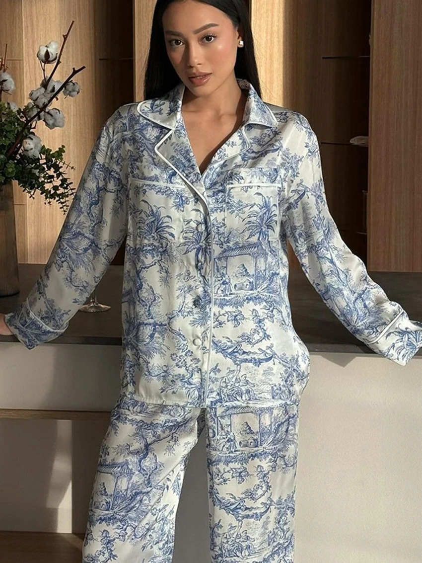 Marthaqiqi Fashion Women'S Nightwear 2 Piece Set Long Sleeve Pajamas Sexy Turn-Down Collar Sleepwear Pants Loose Nightgowns Suit