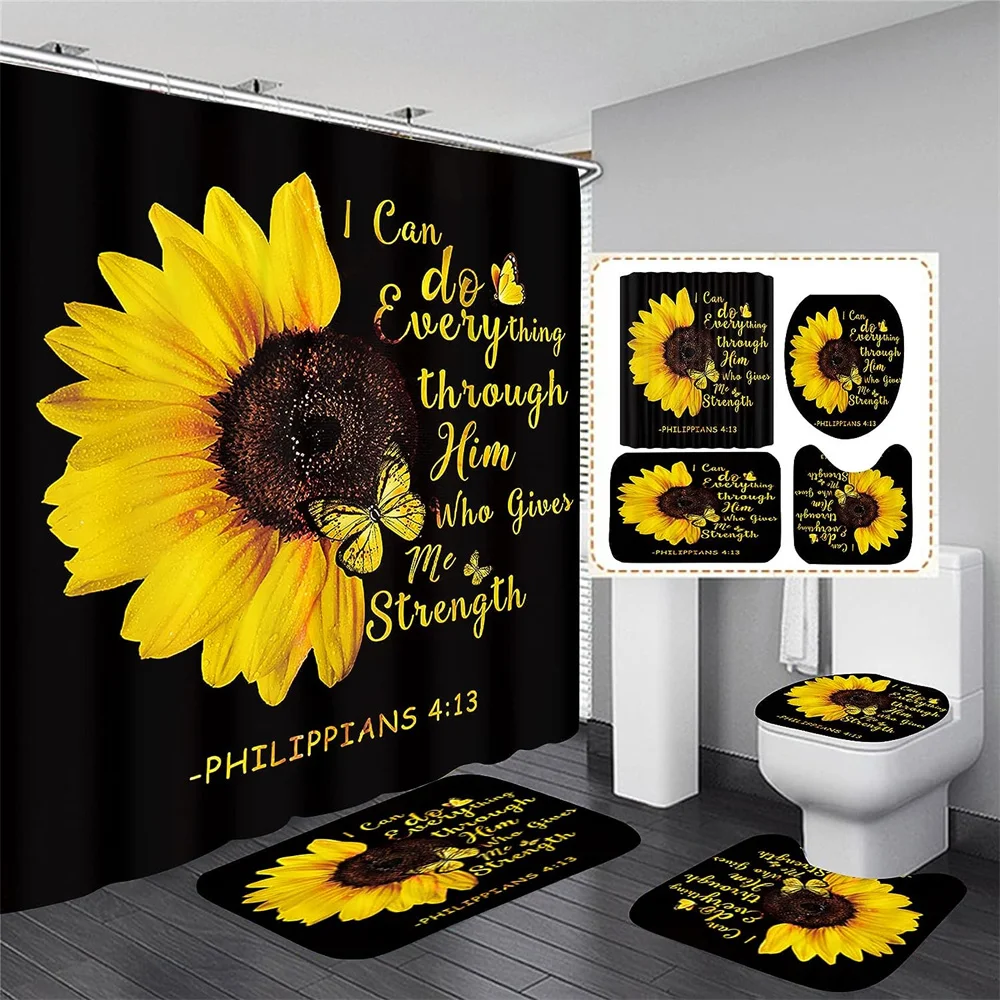 4PCS Flower Shower Curtain Set with Non-Slip Rugs Toilet Lid Cover and Bath Mat Black Shower Curtain Waterproof Bathroom Decor 1