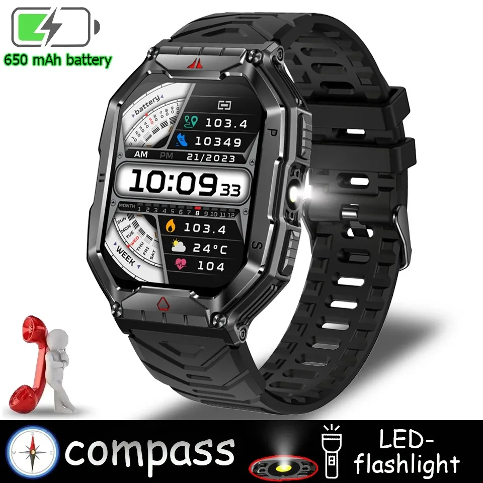 2024 New Rugged Military With LED Flashlight Smart Watch Men Heart Rate Bluetooth Call Waterproof Outdoor SmartWatch For Xiaomi 11