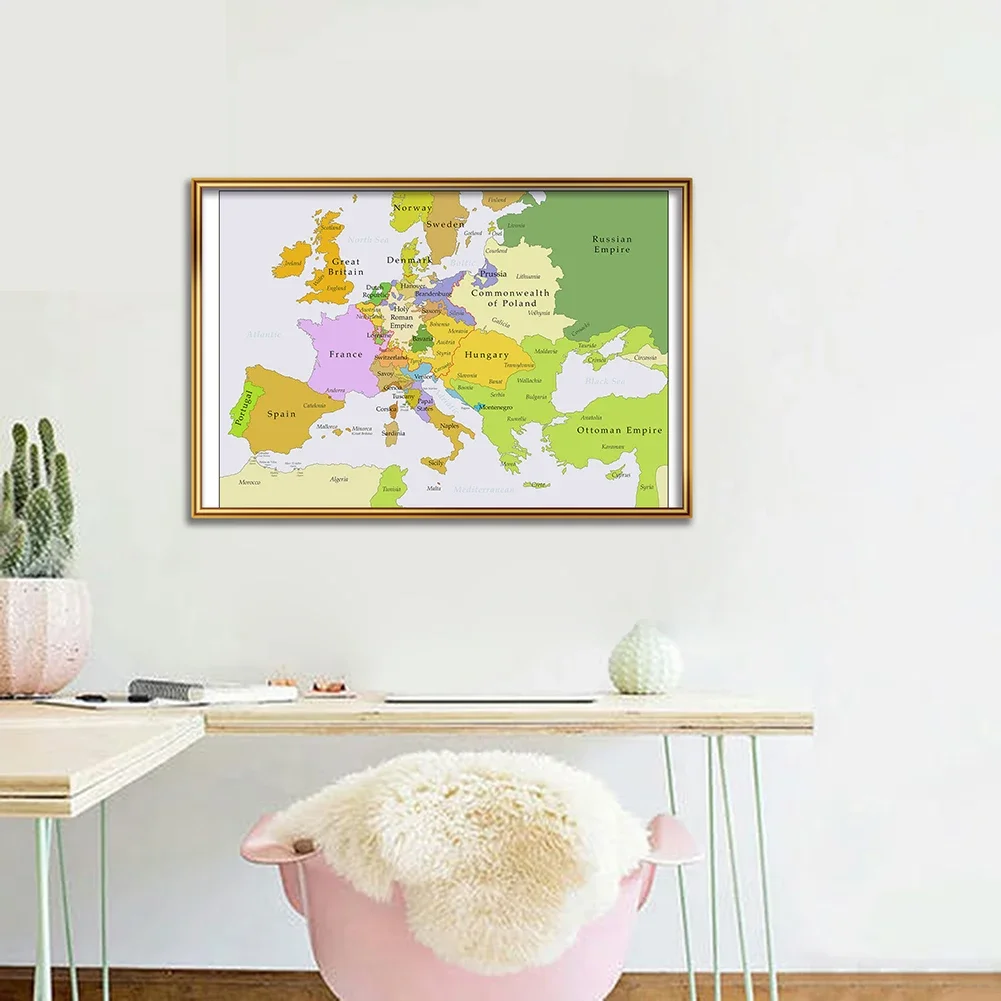 59*42cm The 1700-1850 Europe Map Retro Canvas Painting Wall Art Poster Travel School Supplies Classroom Home Decoration