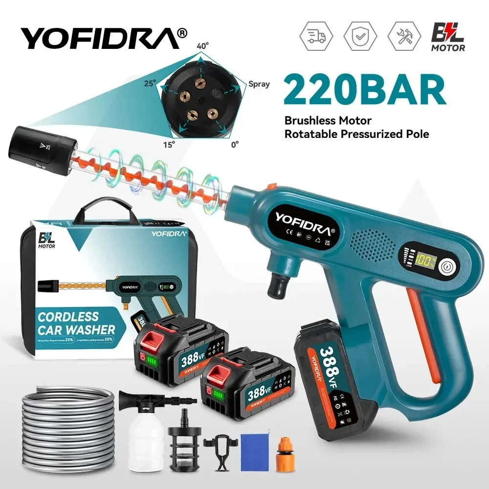 YOFIDRA Lavadora de Alta Pressão Elétrica Brushless 220Bar 3 Velocidades Pistola Casa Carro Lavagem Pulverizador de Água Pistola Compatível com Bateria Makita 18V Pino