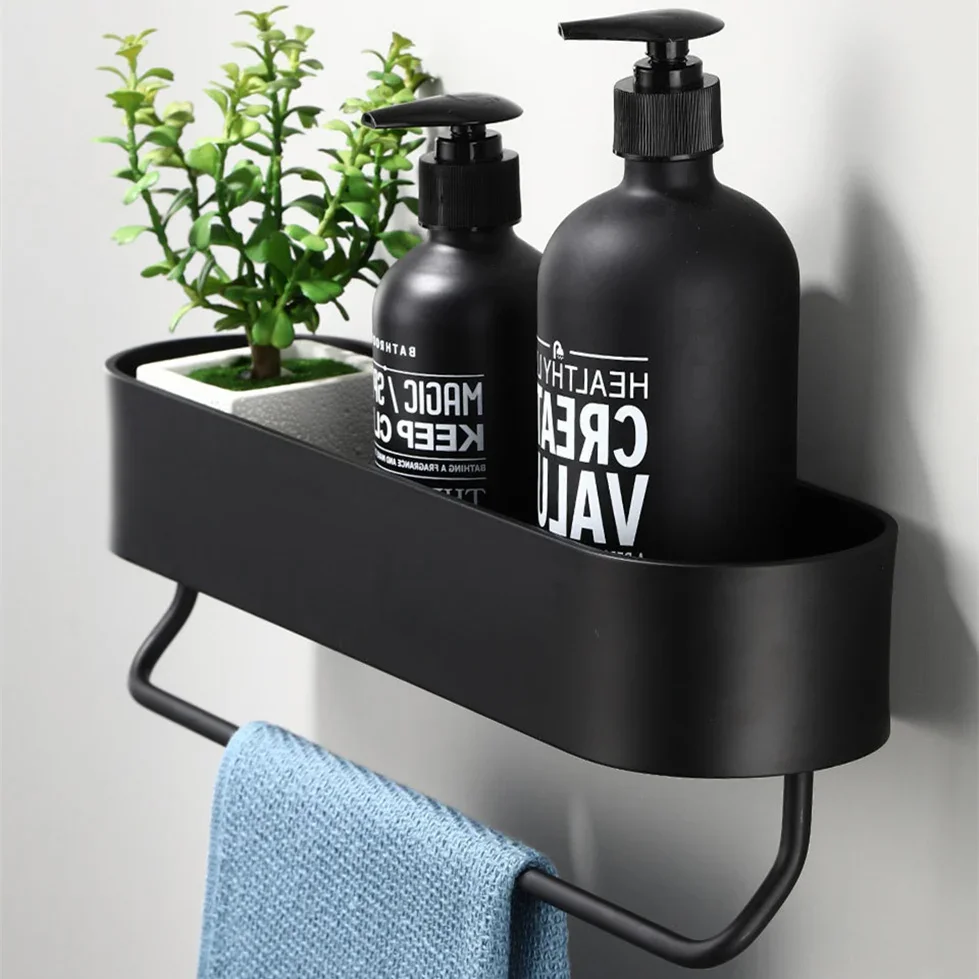 

Shower Storage Basket Black Bath Towel Holder Kitchen Wall Shelves Bathroom Shelf Rack Organizer Accessories