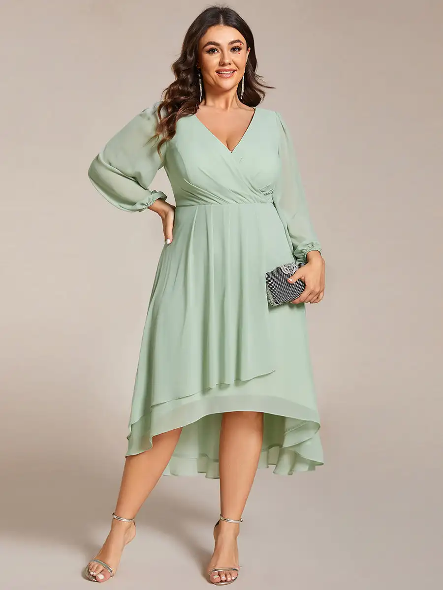 A-line V-Neck Long Sleeve Chiffon Dress Mint Green Plus Size