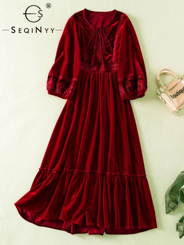 

SEQINYY Elegant Midi Dress Spring Autumn New Fashion Design Women Runway High Street Vintage Embroidery Flower Velvet Tassel