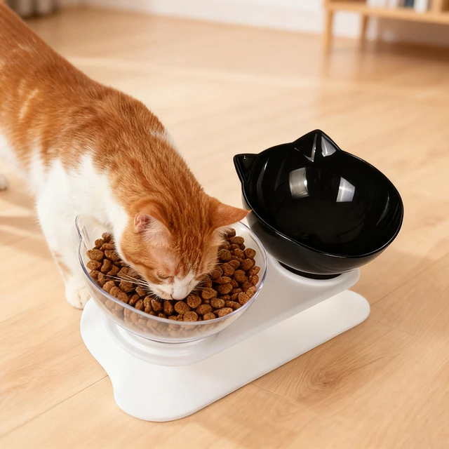 Double Kitten Bowl 2 Cat Feeder Container Tilted Pet Inclination Stand Cats PC Plastic Non-slip Feeding Bowl For Small Dogs Cats