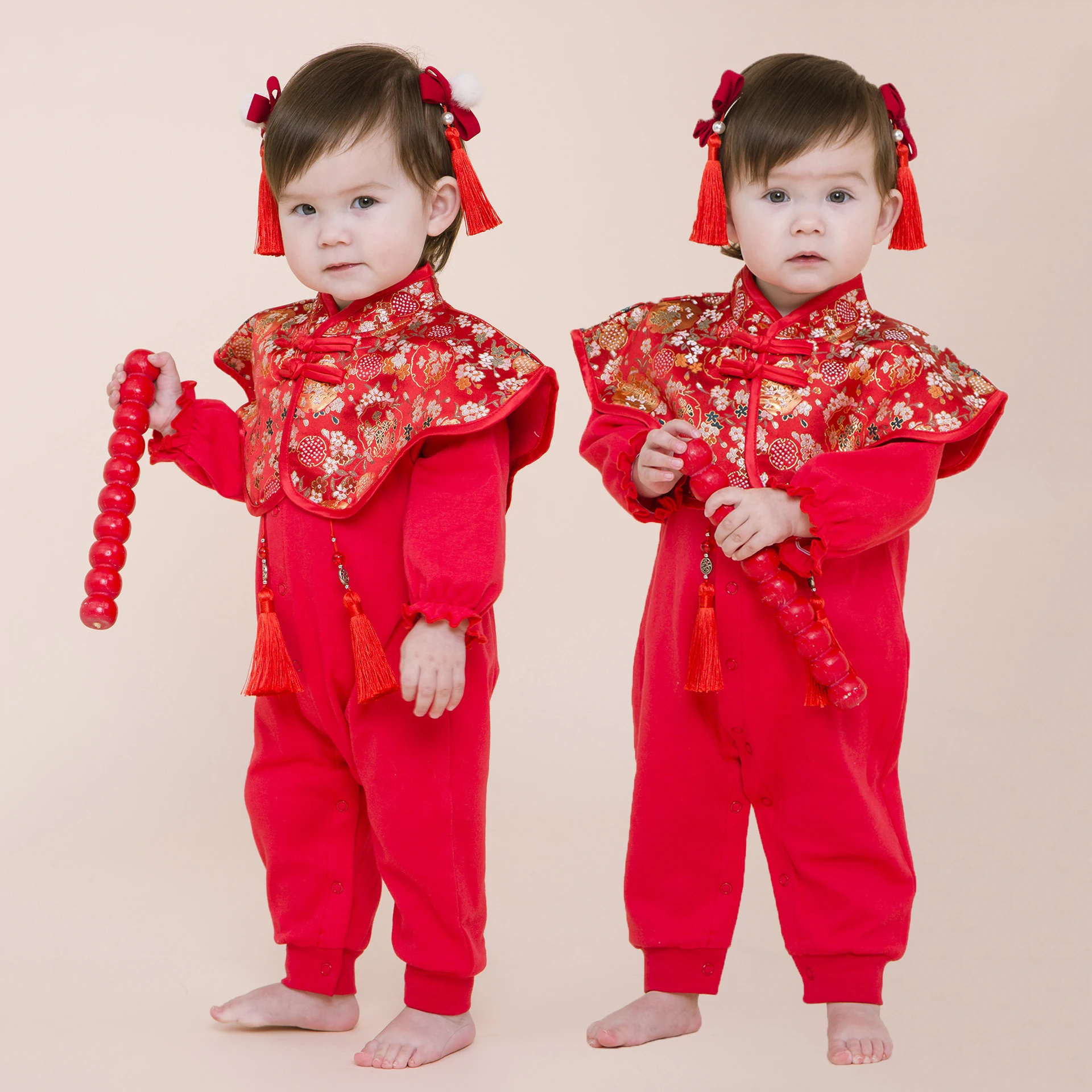 

2022 Chinese Traditional Jumpsuit Hanfu For Girls Floral Print Tang Suit Romper For Kids Chinese New Year Cotton Princess