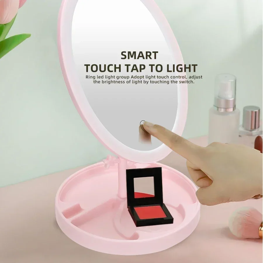 USB Makeup Mirror with LED Three Light Sources at Will Switch Girls Students Dormitory Desktop Folding Vintage Mirror