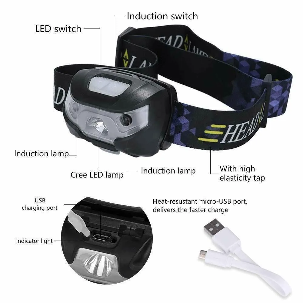 Super Bright USB Rechargeable Headlamp Waterproof Induction LED Head Headlight Ultralight Flashlight Fishing Head Torch Camping