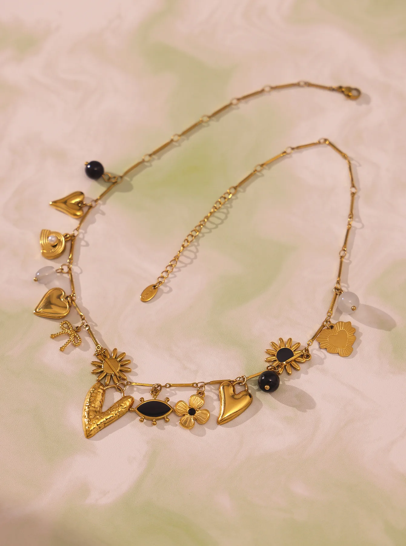 Bunte Emaille-Blumen-Halskette für Damen, Naturstein, Edelstahl, 18 Karat vergoldet, Herz-Anhänger-Halskette, Charm-Schmuck – Detail 8