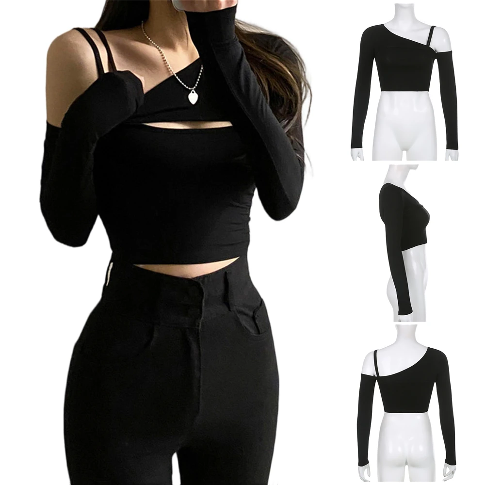 

Футболка женская однотонная с длинным рукавом, пикантный топ на одно плечо, рубашка и нарукавник, комплект из 2 предметов, черный цвет, на лето