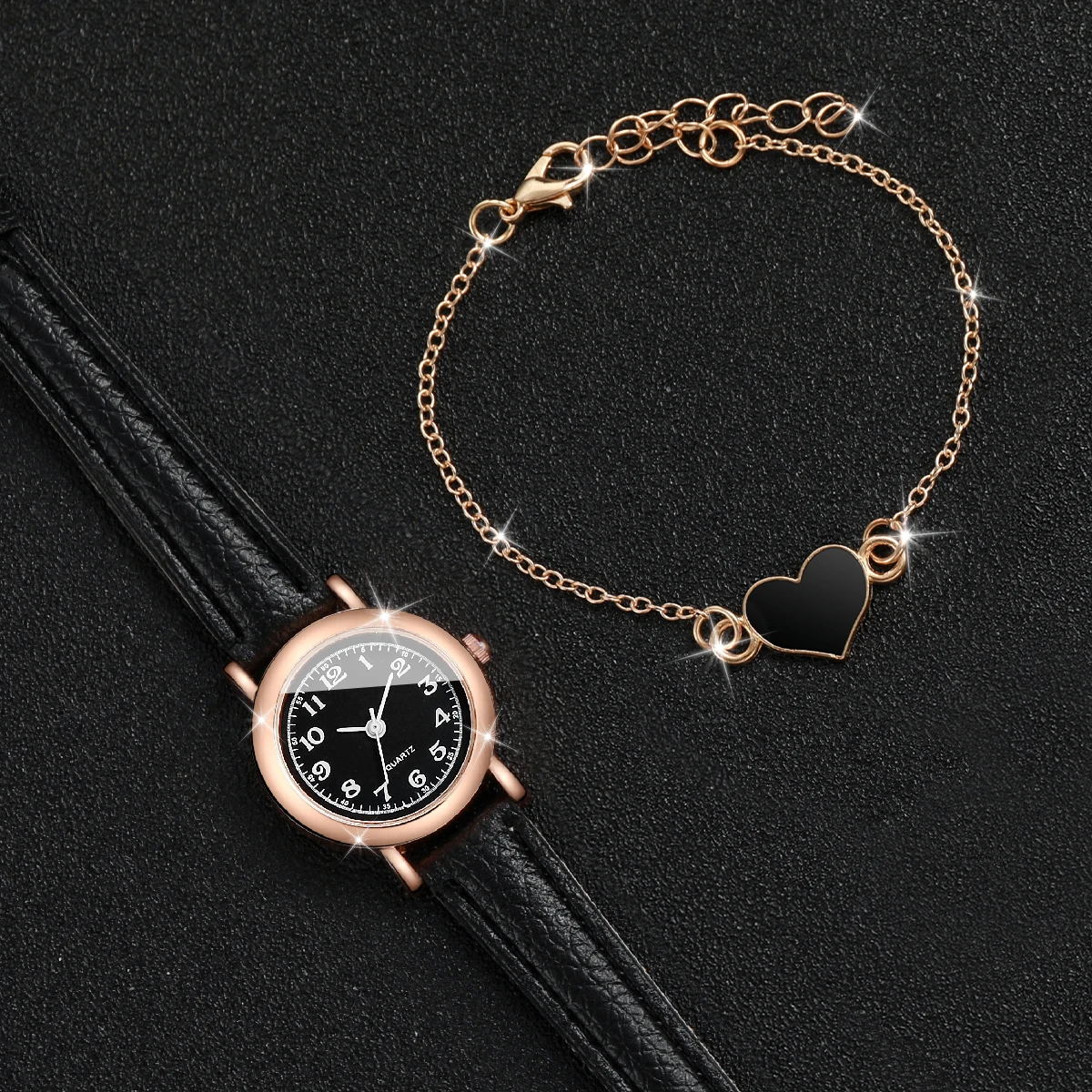 2PCS/Set Fashion Small Dial Women Watches Leather Band Quartz Watch Heart Bracelet Set（Without Box） 4