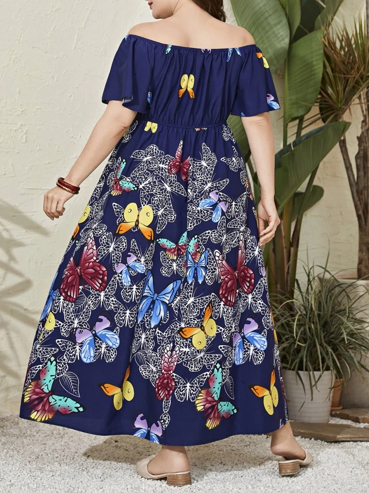 Wmstar Plus Size Dresses for Women Wholesale Off Shoulder Long Dress with Butterfly Prints Elastic Waist Drop Shopping Summer