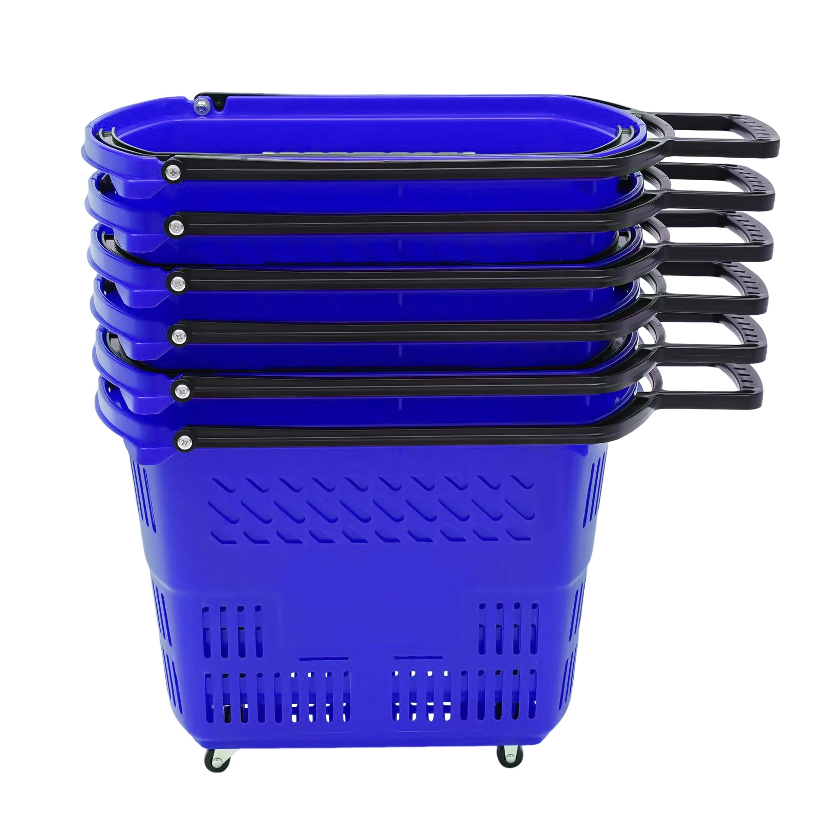 35L 6PCS Shopping Carts W/ Wheels & Handle Blue Plastic Rolling Portable Shopping Basket Set for Supermarkets Retail Stores