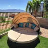 Outdoor Terrace Circular Sofa Bed with Retractable Canopy, Brown Wicker Furniture Combination Sofa with Washable Cushion 4