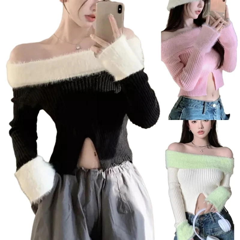

Fashionable off Shoulder Split Hem Women's Shirt Long Sleeve Suitable for Shopping Parties and Travel