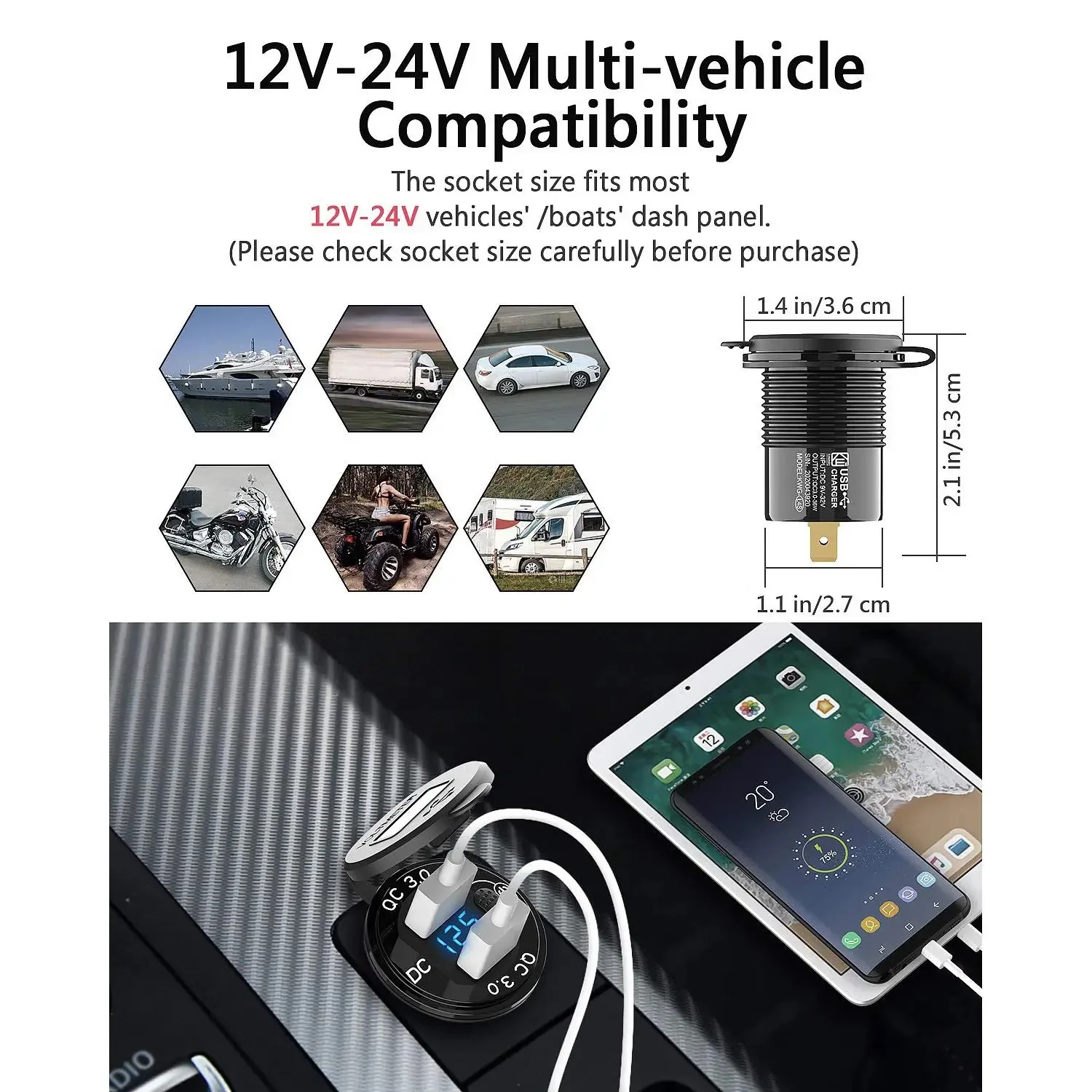 Caricabatteria USB per auto QC3.0 presa USB per auto a doppia porta ricarica rapida con interruttore Display voltmetro digitale a LED per veicoli motore per barche - Image 6