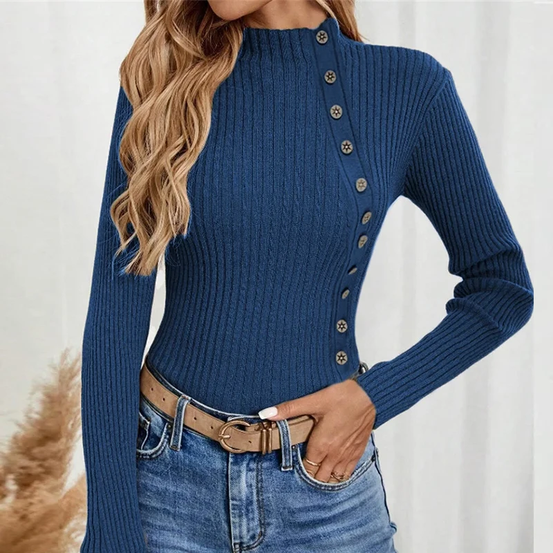 thumbnail image 1 of Suéter de cuello alto para otoño e invierno, elegante, suave, cómodo, elástico, para mujer, camisa de mujer, blusa de manga larga con botones acanalados, 1 of 4