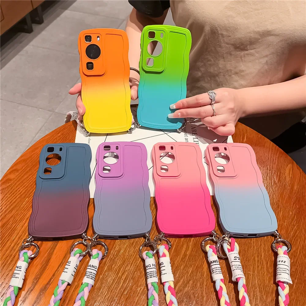 

Luxury Gradient Lanyard TPU Phone Case For Huawei P30 P40 P50 P60 Mate30 mate40 mate50 Pro Shockproof Silicone Soft Bumper Cover