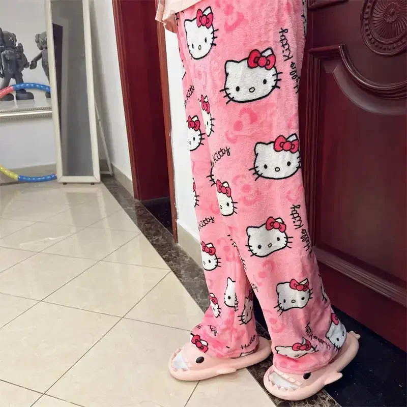 Halloween Sanrio Hello Kitty Fleece Coral Pajama Pants Soft Trousers Cute Women Casual Home Kawaii Anime Cartoon Birthday Gift fleece pajama pants