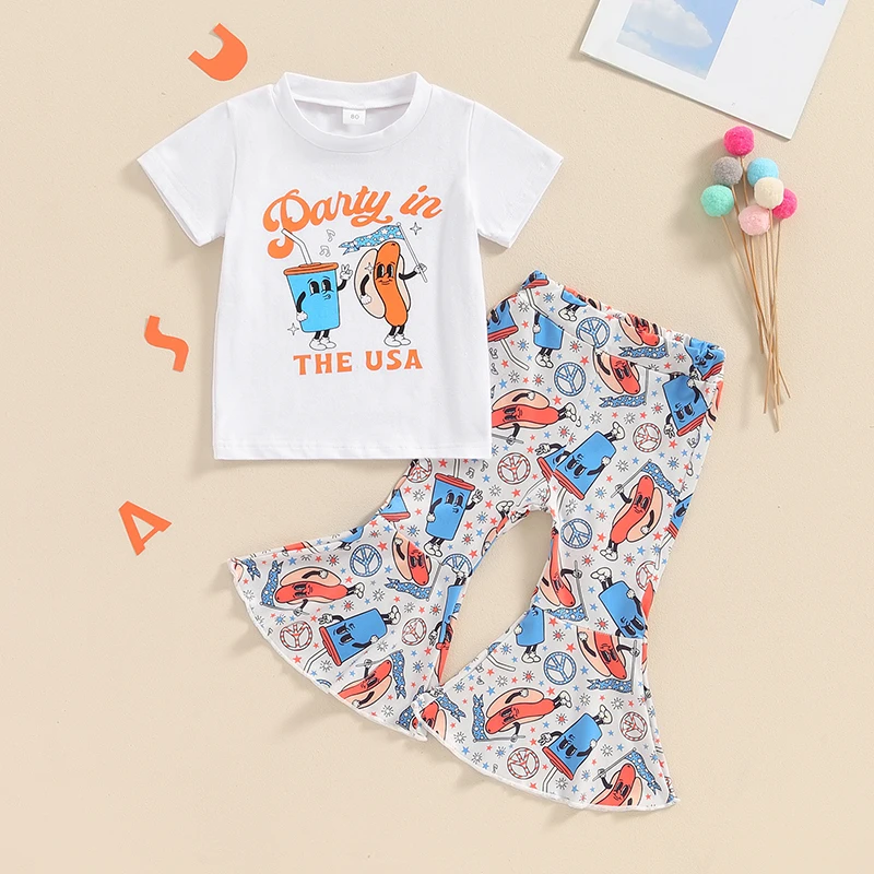 

Lioraitiin Kid Baby Girls Independence Day Clothes Sets Short Sleeve Letter Print Tops Cartoon Pattern Print Flared Pants Sets