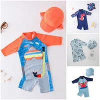 2024 baby boys girls swimwear with cap surfing Wear  swimming suit infant toddler kids children Sunscreen beach bathing Suit 2