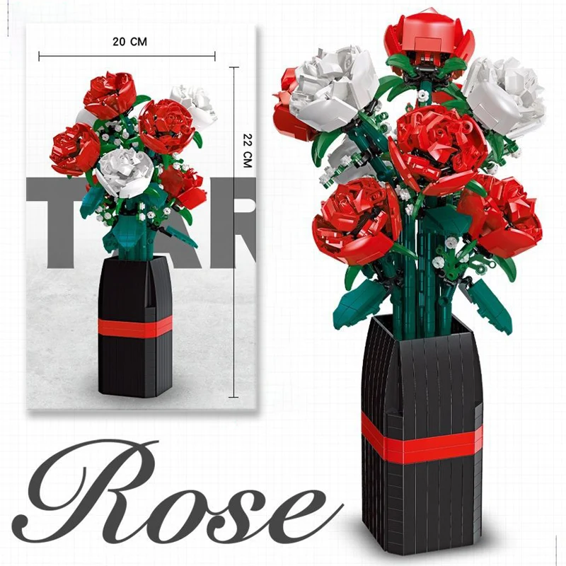 Creative Red Rose Vase Plants Model Building Blocks Moc Romantic Classic Flowers Bouquet Potted Bricks Toys Valentine's Day Gift 5