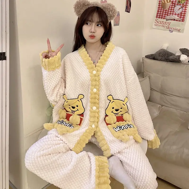Coral Velvet Pajamas Women Winter Thicken Thermal Cardigan Flannel Nightclothes Sets Female Cartoon Loose V-neck Homewear Suit