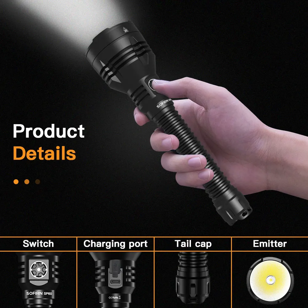 Sofirn SP60 6800lm XHP70.3 HI 21700 강력한 LED 조명 유형 C 충전식 손전등(전원 은행 토치 포함) IP68 ATR 비콘